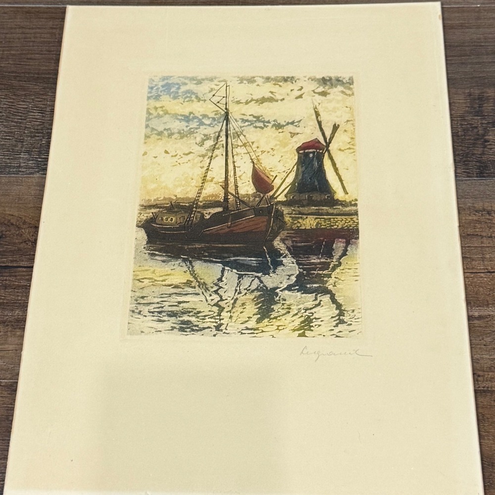 Vintage Legrand Signed Color Etching‎ Dutch Landscape Windmill Sailing Boat Art